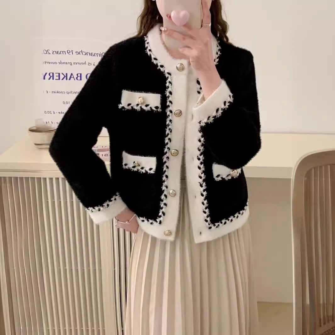 New French Classic Style Black And White Sweater Cardigan Coat