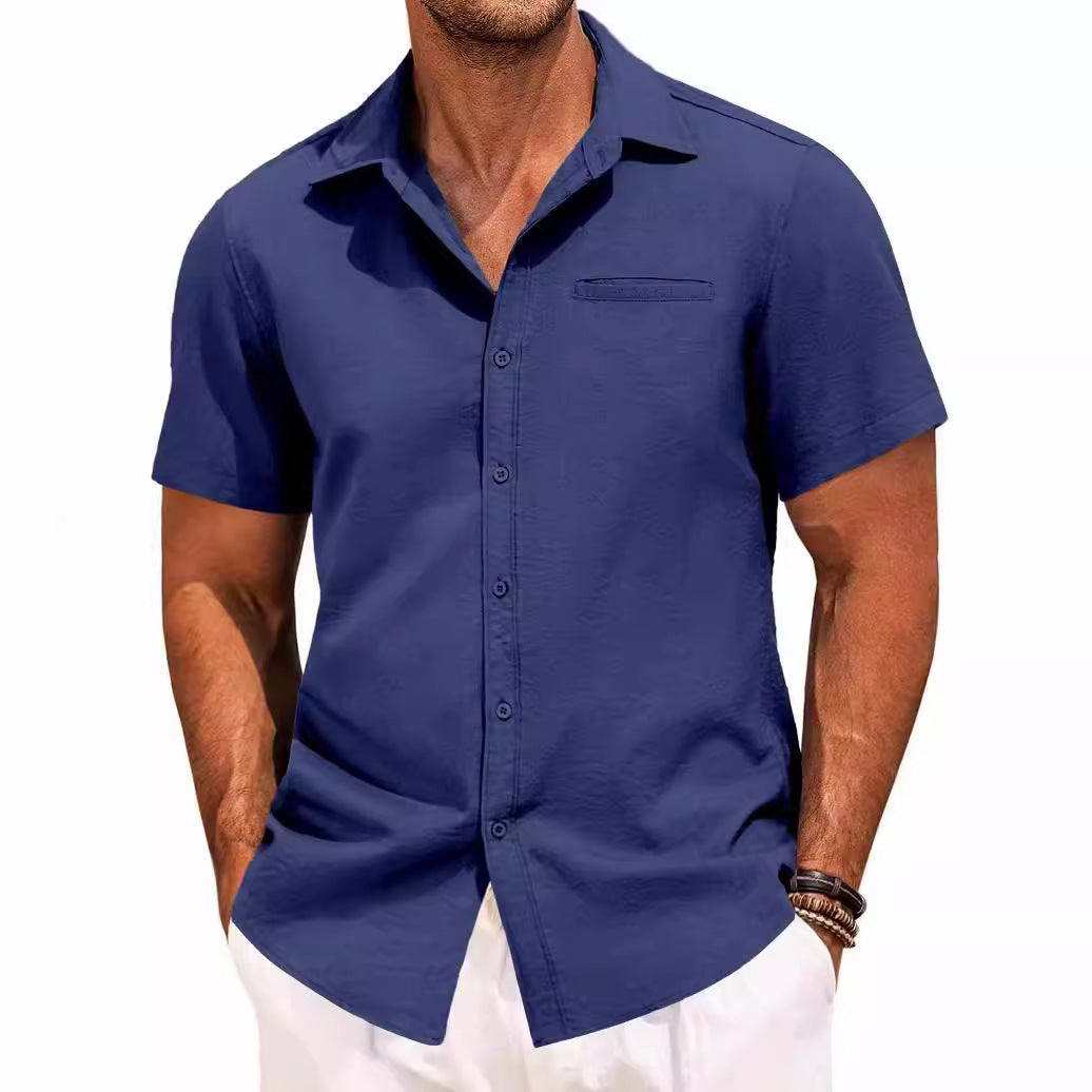 Polo Collar Solid Color Short Sleeve Button Shirt