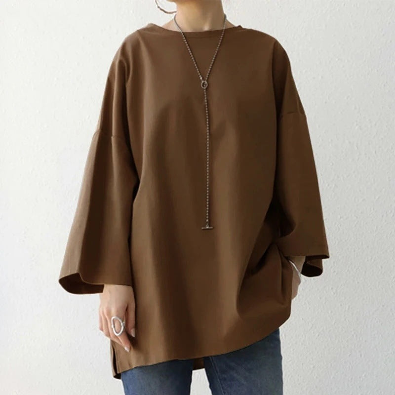 Women's Spring And Summer Solid Color Crew Neck Split Long Sleeve Loose Top