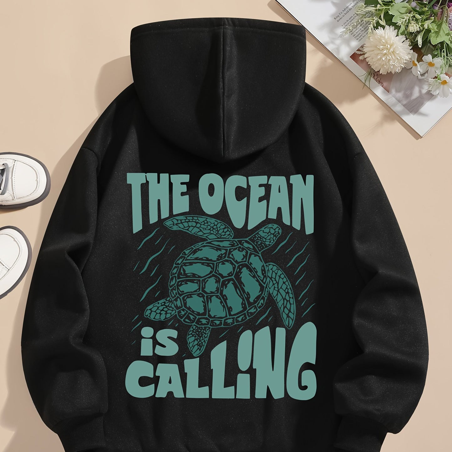 Turtle Print Hoodie Drawstring Sweatshirt Suitable For Women In Winter And Autumn