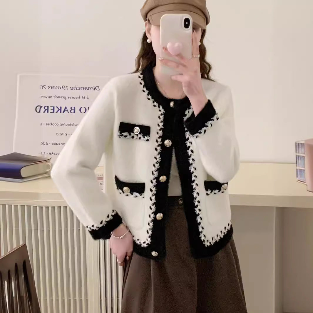 New French Classic Style Black And White Sweater Cardigan Coat