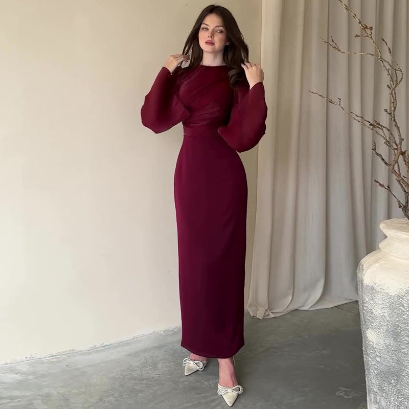 Women's New Fashionable Elegant Solid Color Waist Tight Long Sleeve Dress