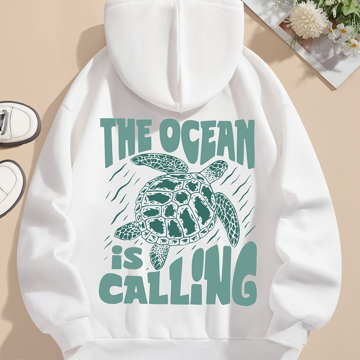 Turtle Print Hoodie Drawstring Sweatshirt Suitable For Women In Winter And Autumn