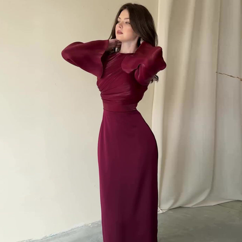 Women's New Fashionable Elegant Solid Color Waist Tight Long Sleeve Dress