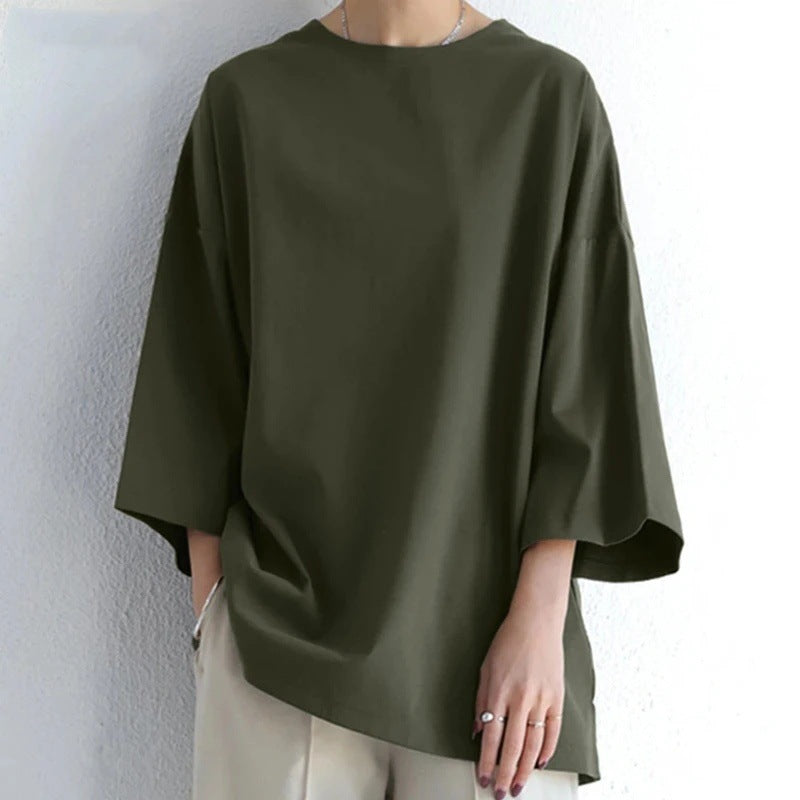 Women's Spring And Summer Solid Color Crew Neck Split Long Sleeve Loose Top