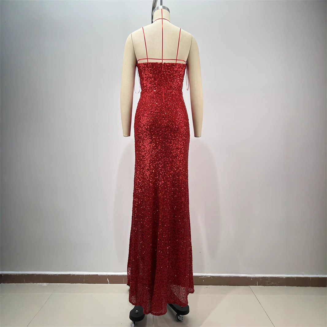 Drop-shaped Diamond Sexy Low-cut High Sitt Red Paillette Tube Coat And Dress