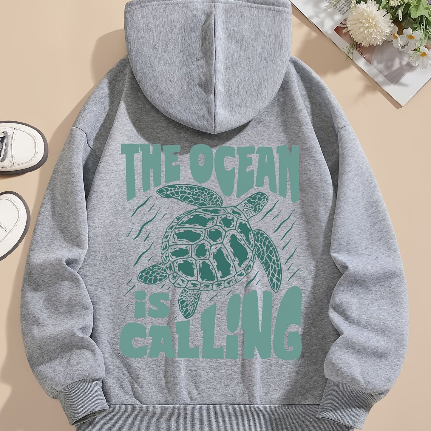 Turtle Print Hoodie Drawstring Sweatshirt Suitable For Women In Winter And Autumn