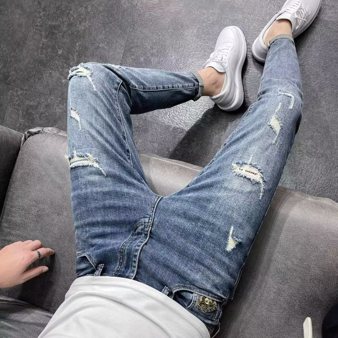 Spring And Autumn New Men's Fashion Ripped Jeans Skinny Pants Trendy Brand Pants Spring And Autumn Thin