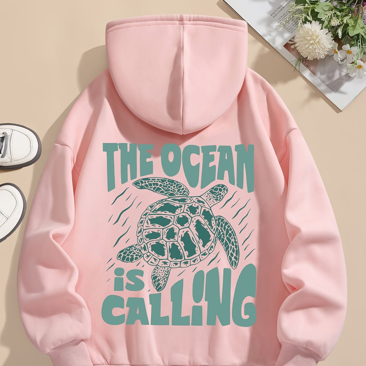 Turtle Print Hoodie Drawstring Sweatshirt Suitable For Women In Winter And Autumn