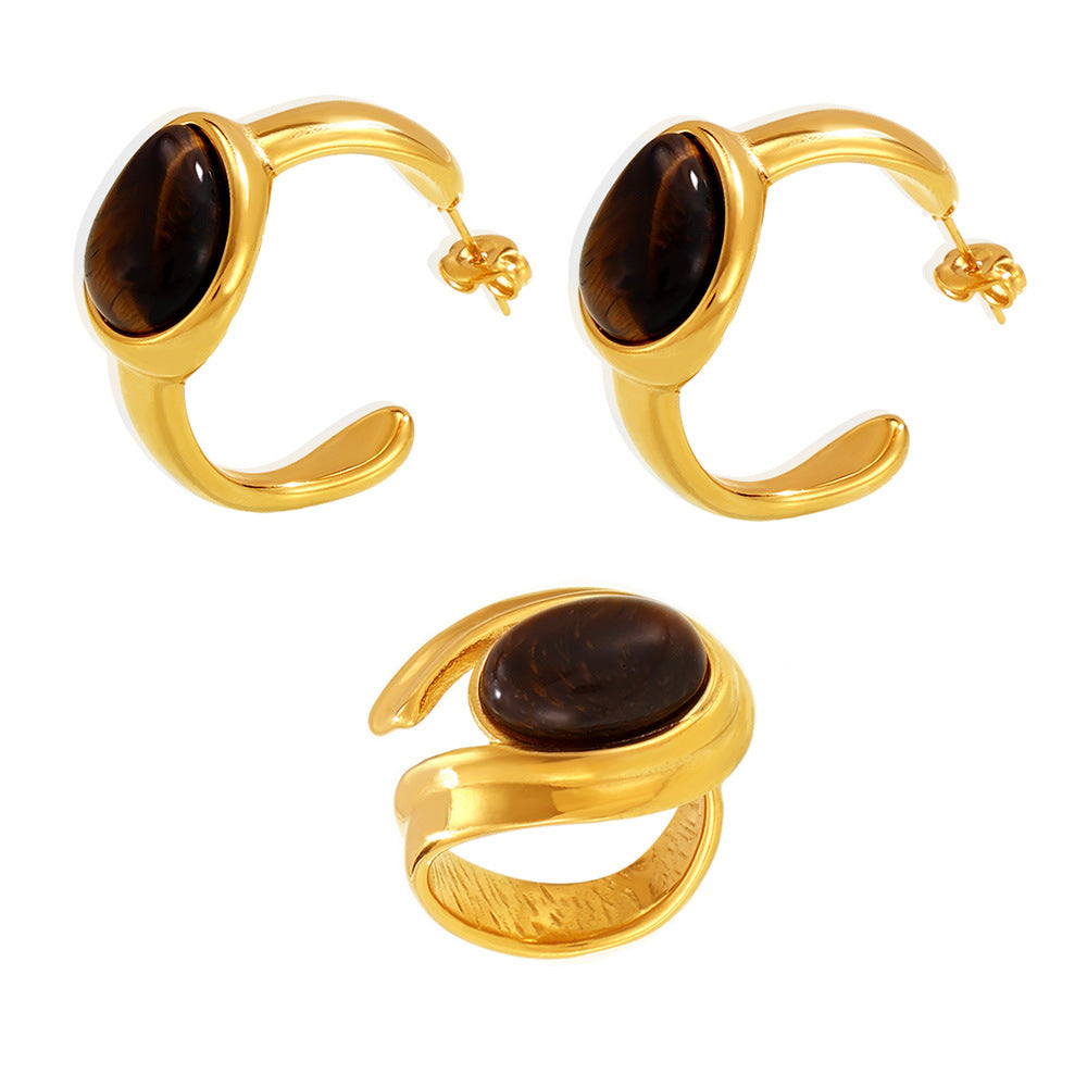 Tigereye C- Shaped Earrings Open Ring