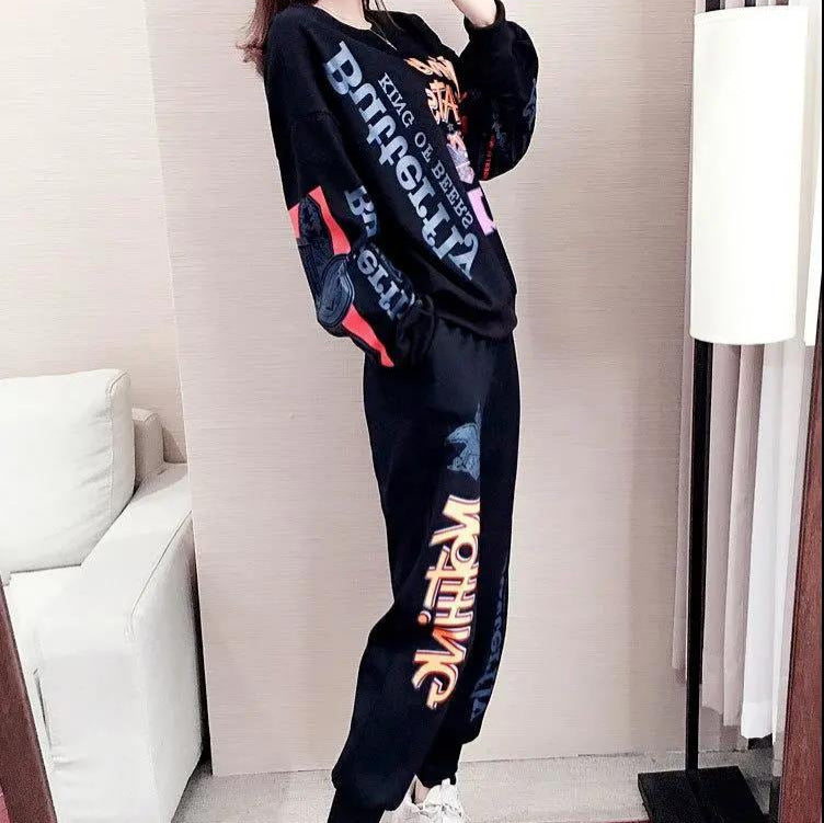 Trendy Printed Loose Oversized Long Sleeves Sweater Suit