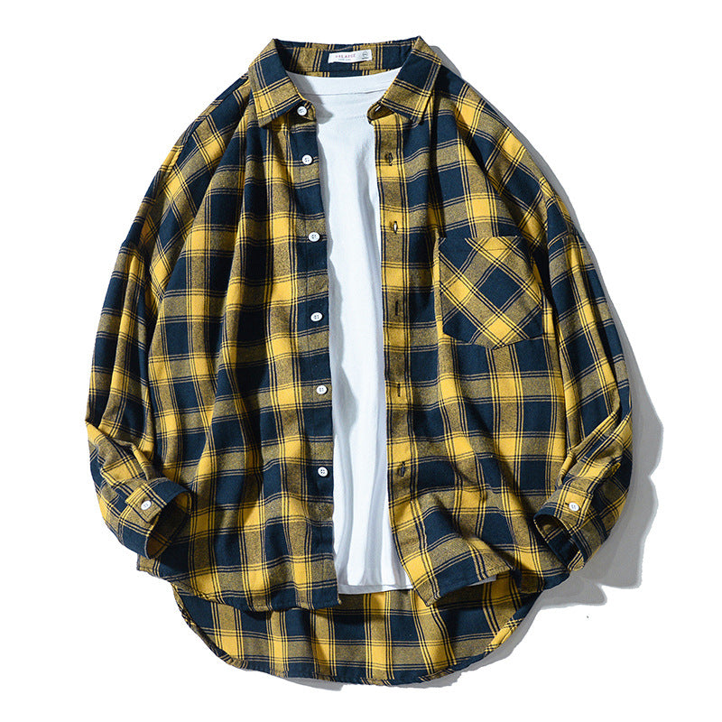 Japanese Style Plaid Long Sleeve Shirt Men Loose-fitting Workwear Jacket