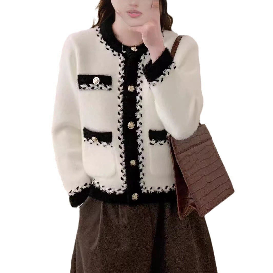 New French Classic Style Black And White Sweater Cardigan Coat