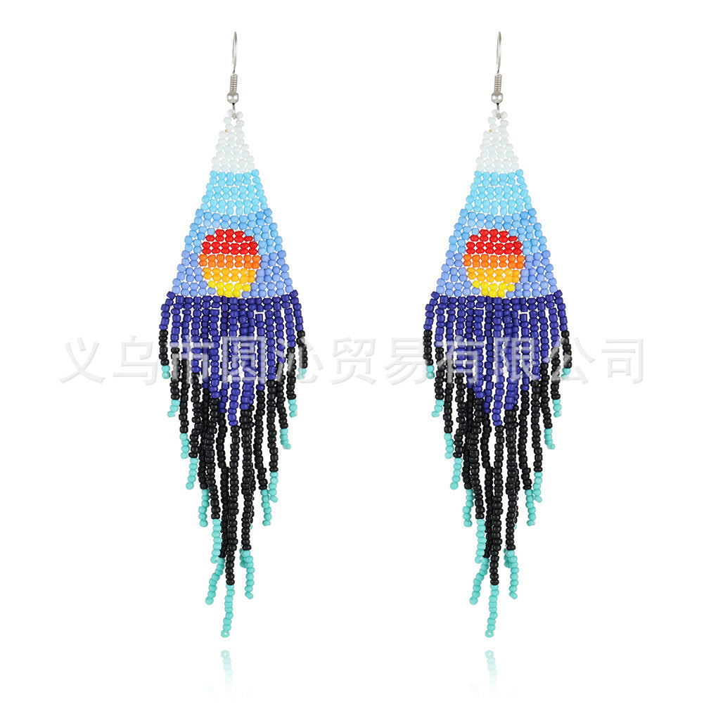 Europe And America Creative Sea Sunrise Landscape Tassel Earrings Female Ethnic Style Long Handmade Bead