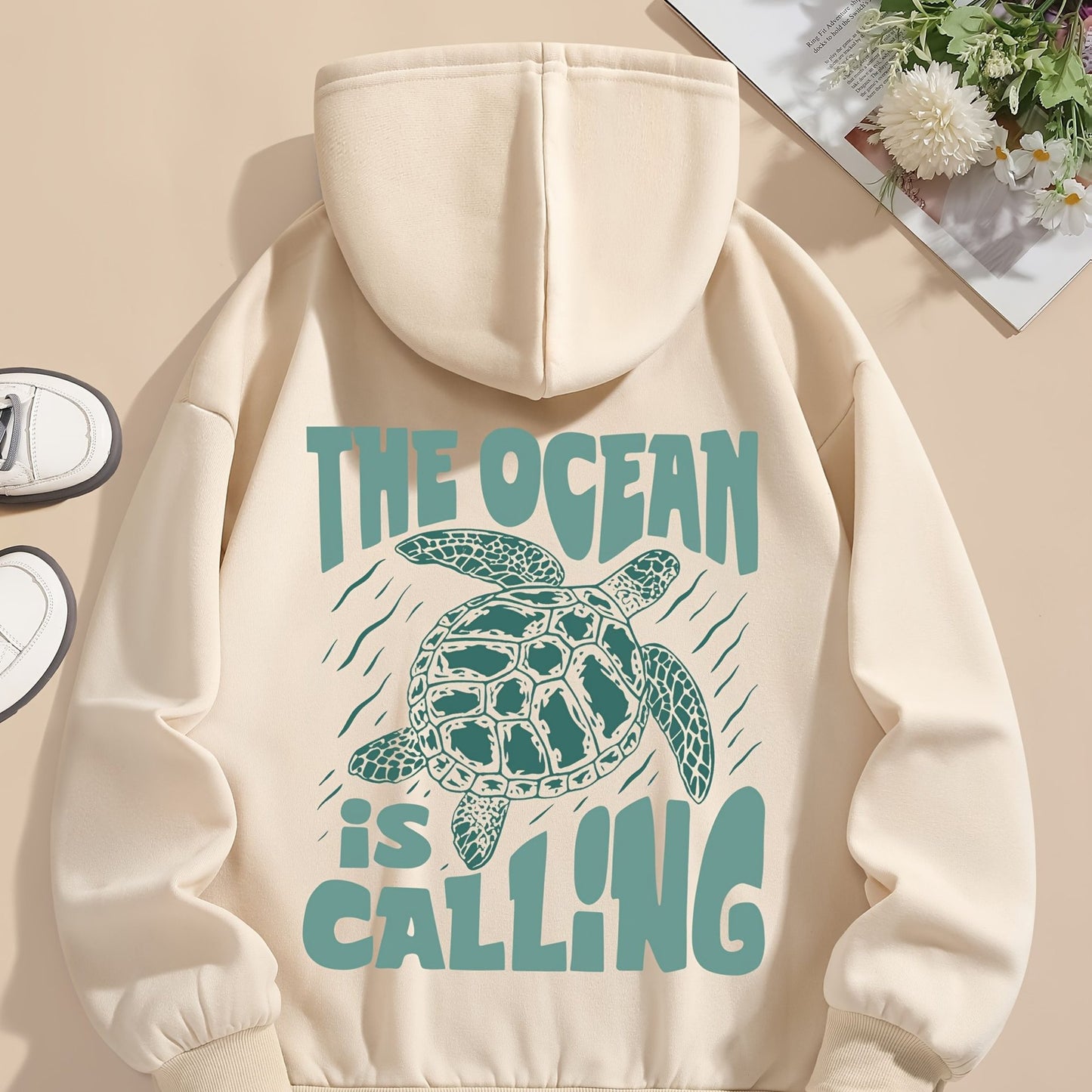 Turtle Print Hoodie Drawstring Sweatshirt Suitable For Women In Winter And Autumn