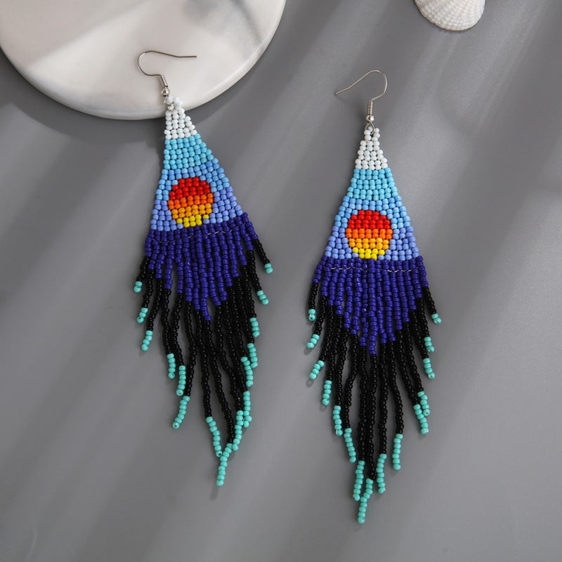 Europe And America Creative Sea Sunrise Landscape Tassel Earrings Female Ethnic Style Long Handmade Bead