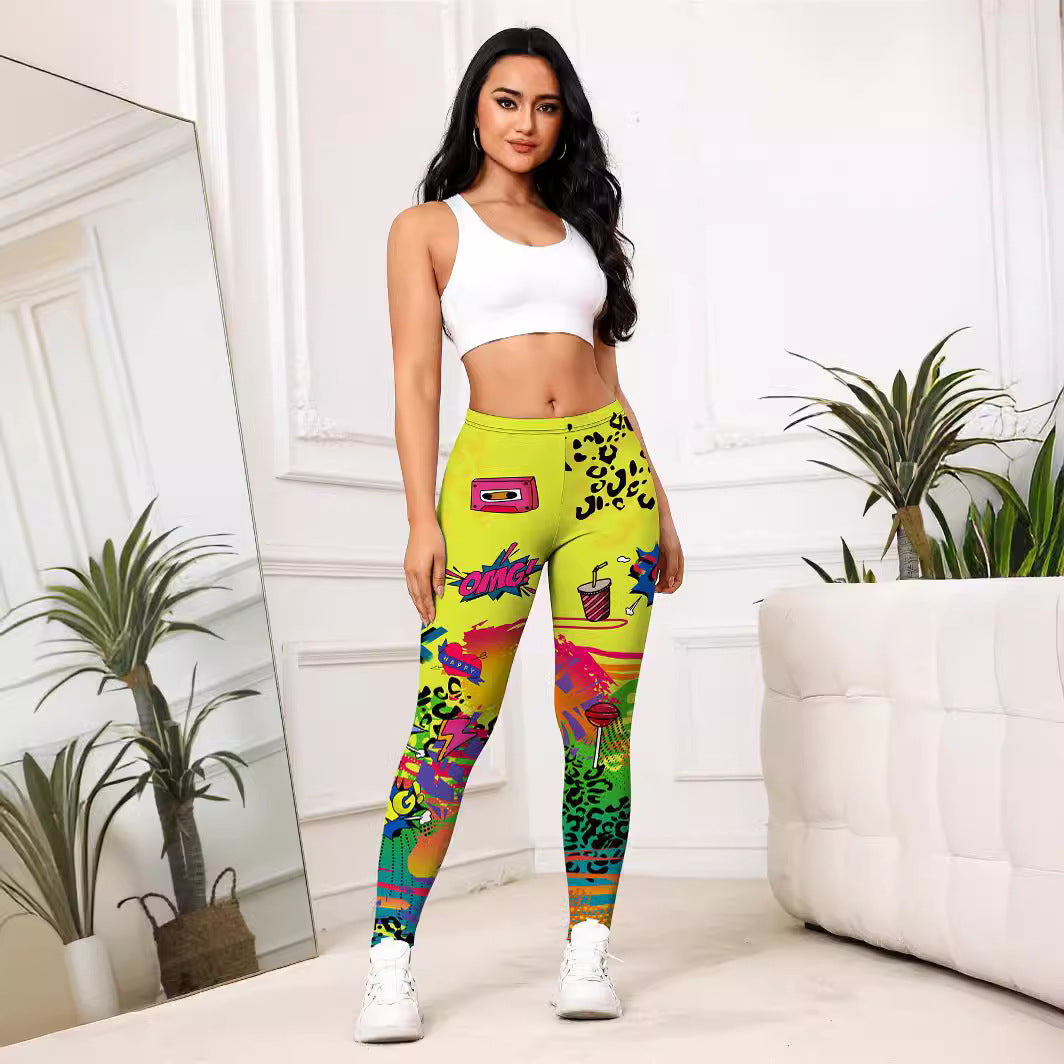 Yellow Cartoon Printed Sports Slim-fitting Leggings