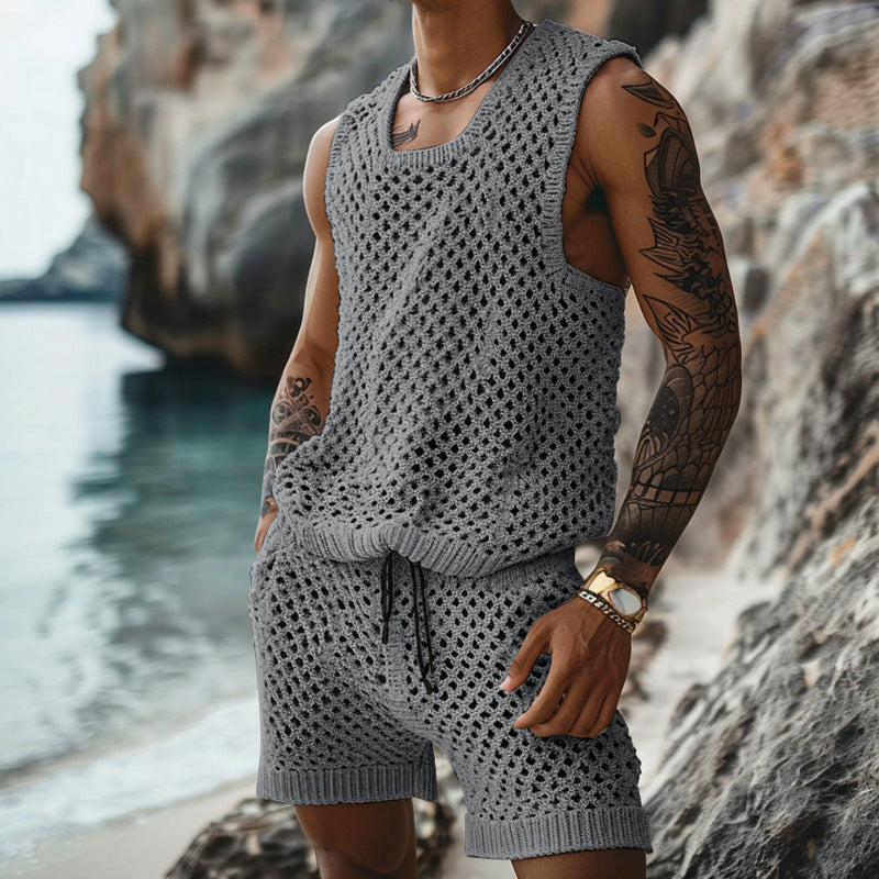 Casual Vertical Pattern Suit Slim Lapel Short Sleeve Button Shirt Shorts