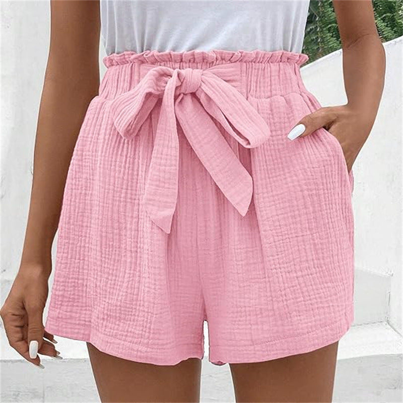 Elastic Waist Solid Color Casual Shorts Women Loose High Waist Simple Wide Leg