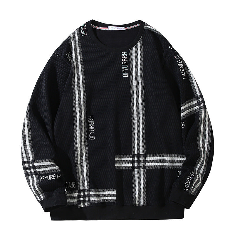 Men's Striped Round Neck Sweater Fleece-lined Thickened