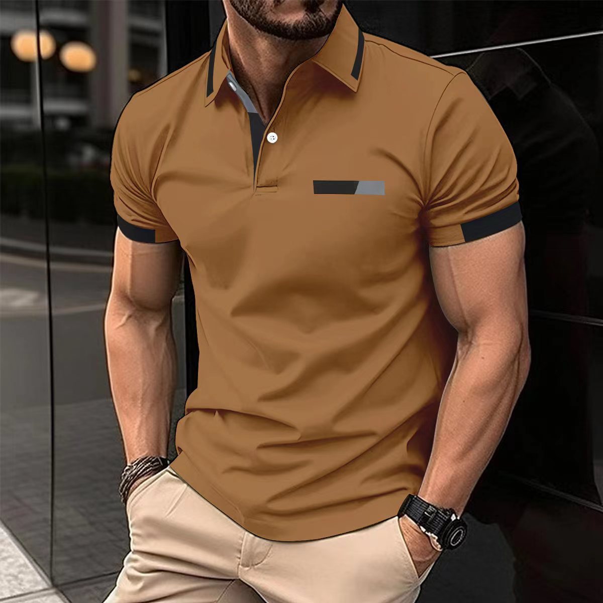 Men's Casual Polo Shirt Chest Faux Pocket Lapel Button Business T-shirt