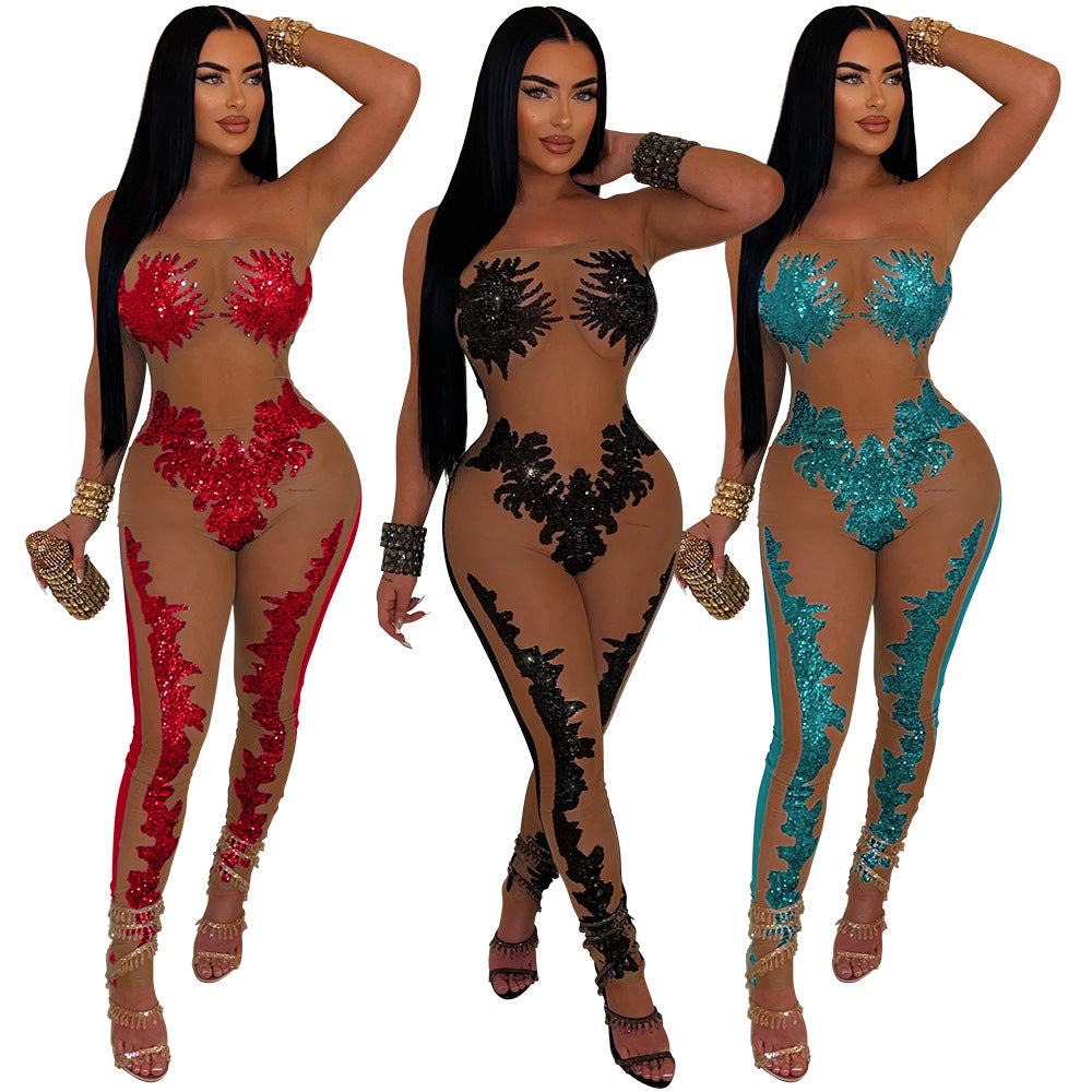 Women's Simple Mesh See-through Sequin Bandeau Slim-fit Jumpsuit