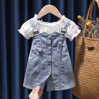 Children''s Summer Denim Strap Skirt Baby Fashion Short Sleeve Two Piece Set