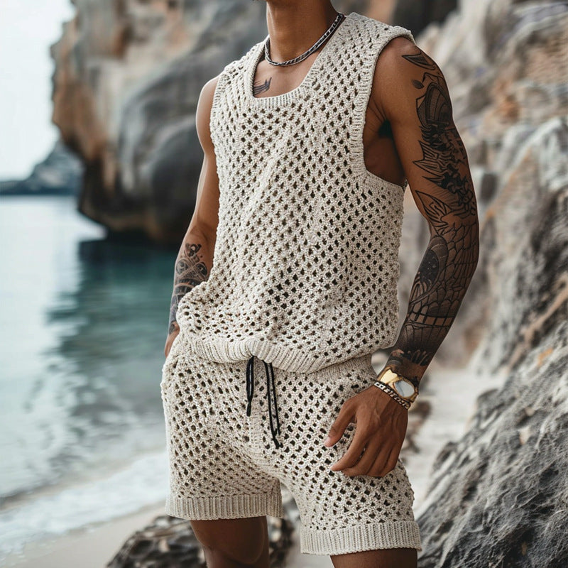 Casual Vertical Pattern Suit Slim Lapel Short Sleeve Button Shirt Shorts