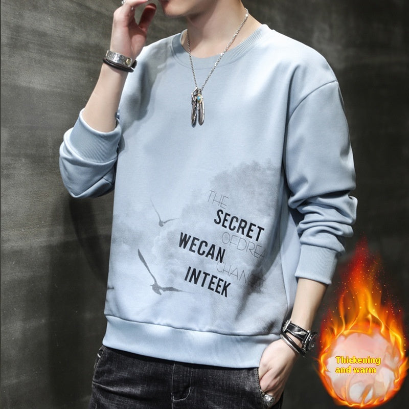 Men's Sweater Long Sleeves T-shirt Round Neck Printing Plus Velvet