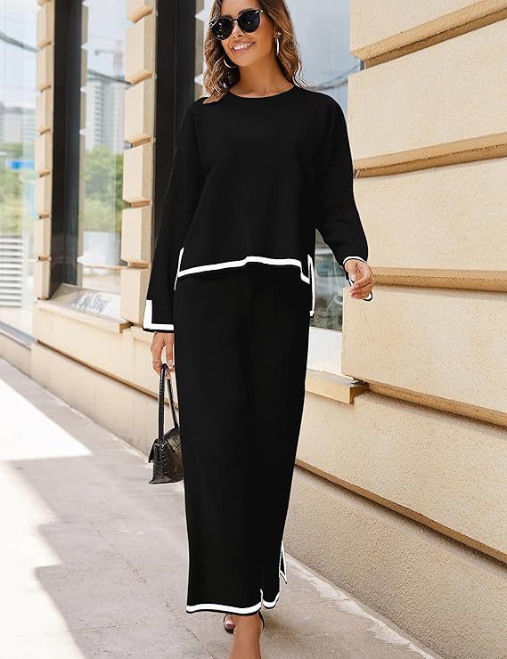 Women's Knitted 2-piece Set Long Sleeve Loose Top Wide Leg Pants Suit