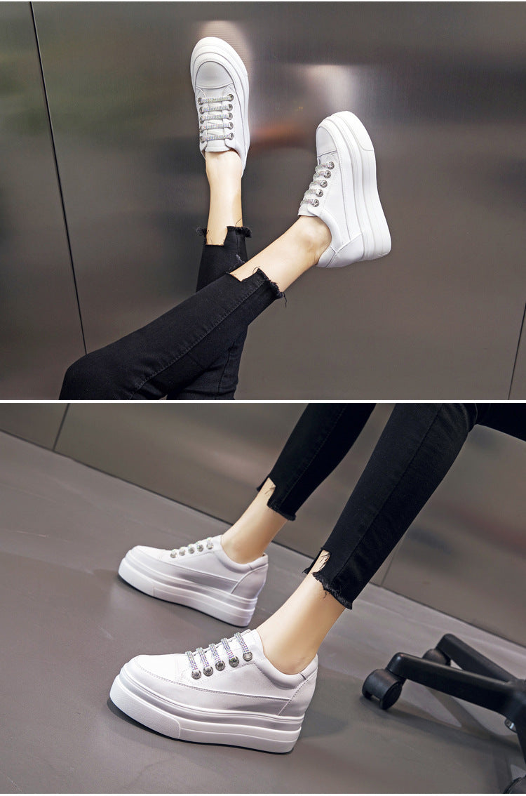 Genuine Leather Platform Versatile Casual Breathable White Muffin Height Increasing Insole Women's Board Shoes