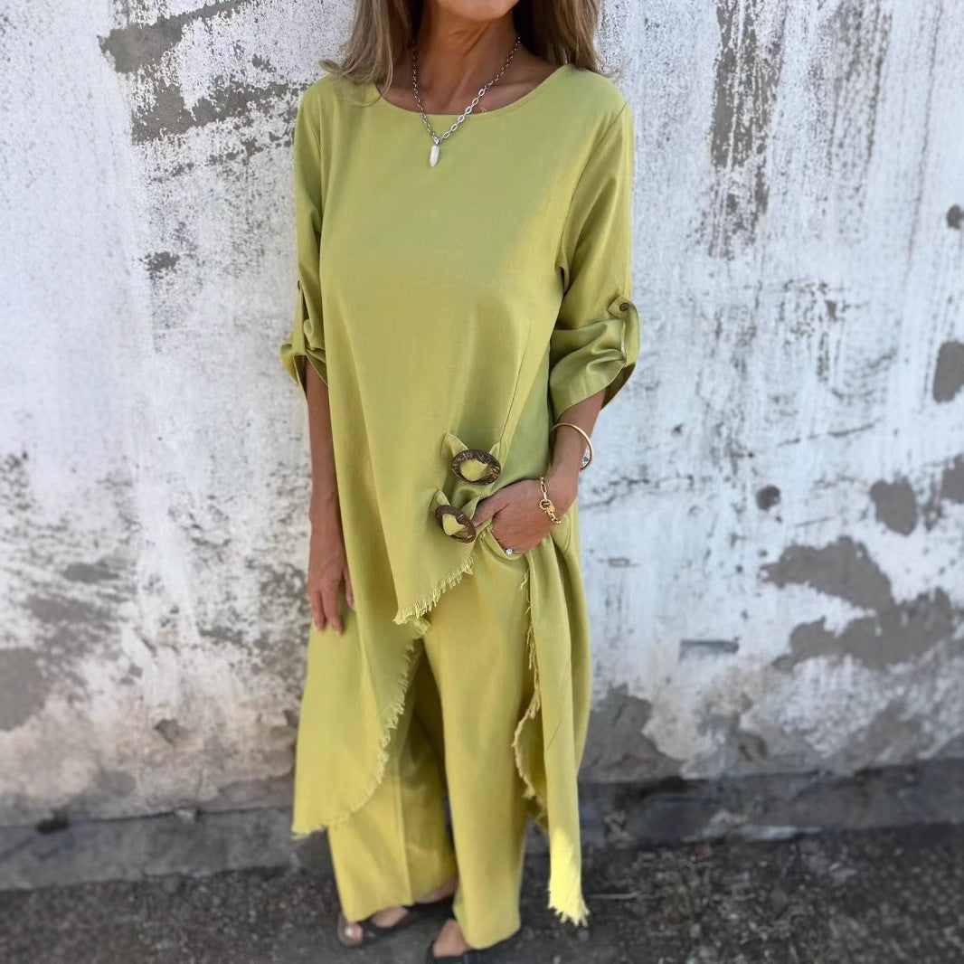 Loose Irregular Long Suit With Metal Button Design Round Neck Long-sleeved Top And Straight Trousers Fashion Wide-leg Pants Women's Clothing