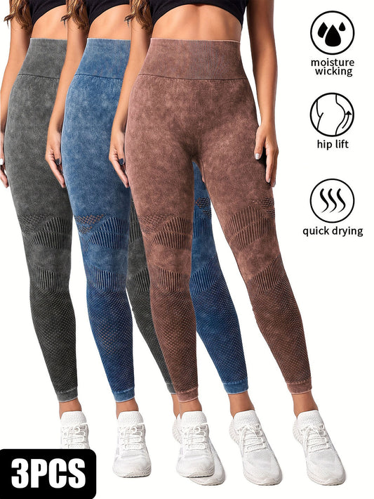 3 Pack Women's Seamless Washed Wide Waistband Sports Leggings, Women's High Waist Yoga Leggings, Textured Tummy Control Ruched Booty Tights Push Up Yoga Pants