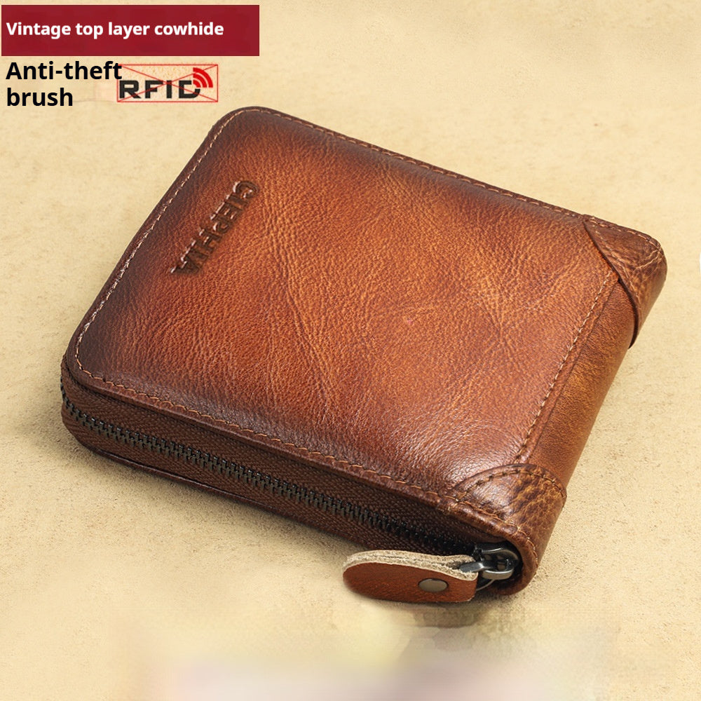 Men's Wallet Leather Short Anti-theft Swiping Zipper Multifunctional