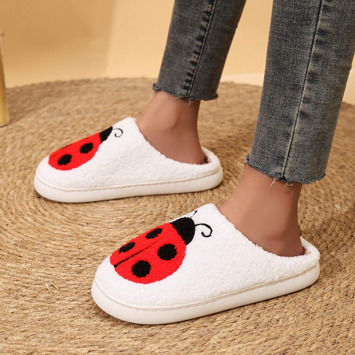 Embroidered Ladybug Home Slippers For Men And Women