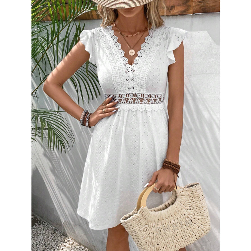 Knitted Jacquard Hollow Elastic See-through Lace Butterfly Sleeve Dress