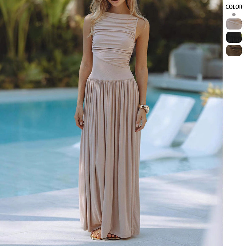 Fashion Sleeveless Pleated Slim Waist Dress Women