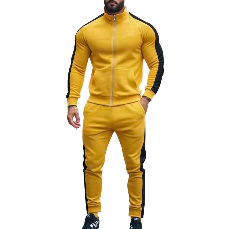 Autumn And Winter Two-piece Set Contrast Color Stand-up Collar Casual Sports Jacket Sweater Men's Suit