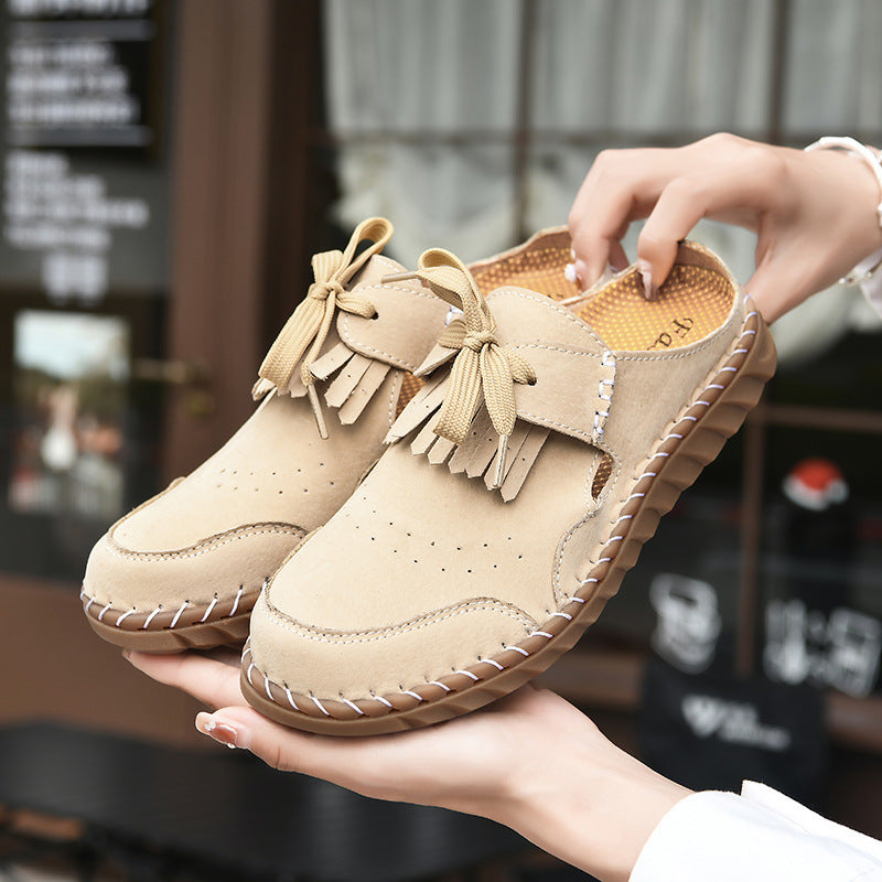 Retro Lace Up Closed Toe New Handmade Stitching Women's Half Slippers