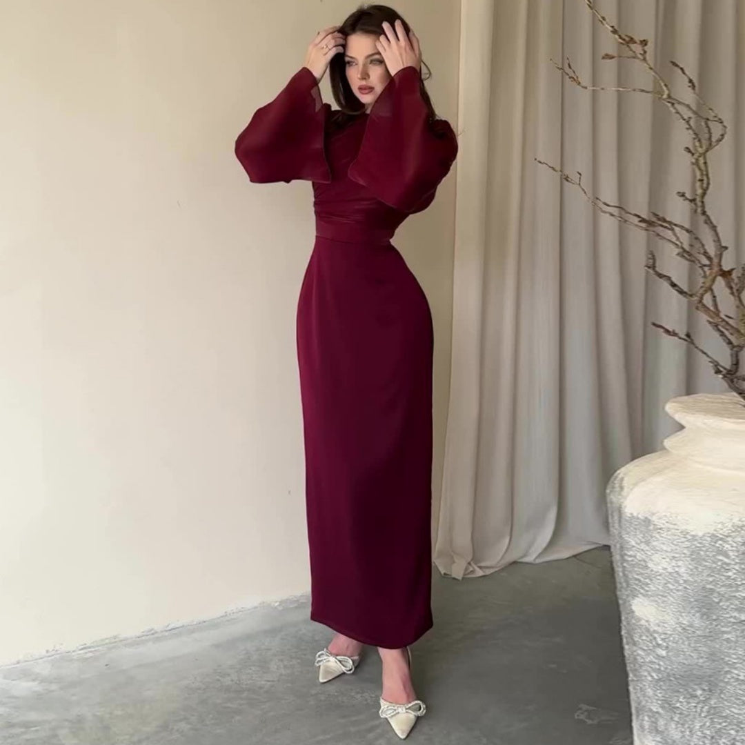 Women's New Fashionable Elegant Solid Color Waist Tight Long Sleeve Dress