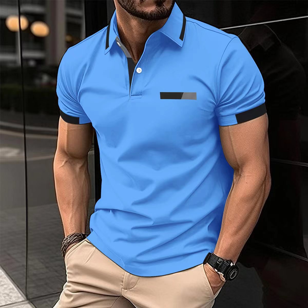 Men's Casual Polo Shirt Chest Faux Pocket Lapel Button Business T-shirt