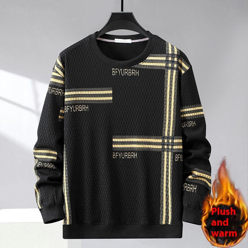 Men's Striped Round Neck Sweater Fleece-lined Thickened