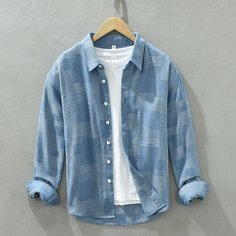 Jacquard Color Matching Casual Denim Long-sleeved Shirt Men's Loose Shirt Coat