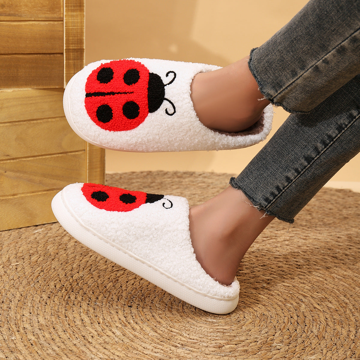 Embroidered Ladybug Home Slippers For Men And Women