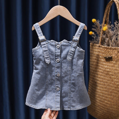 Children''s Summer Denim Strap Skirt Baby Fashion Short Sleeve Two Piece Set