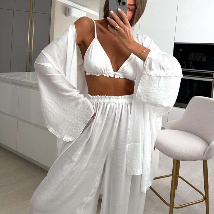 Ruffled Spaghetti Straps Vest Long Sleeve Cardigan Top Loose Wide Leg Pants Three-piece Set