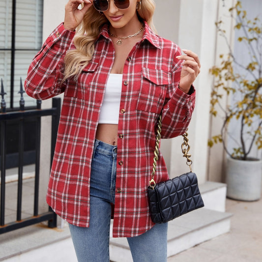 Casual Fashion Loose Plaid Pocket Shirt For Women