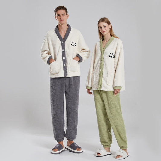 Couple Pajamas Women Winter Coral Fleece Thickened Casual Clothes Half Velvet Cartoon Panda Couple Pajamas Suit